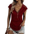 thumbnail image 1 of VISgogo, camiseta informal de manga corta para mujer, camisetas ajustadas de cuello redondo con cremallera y costuras de encaje de Color sólido a la moda VISgogo  moda, 1 of 5