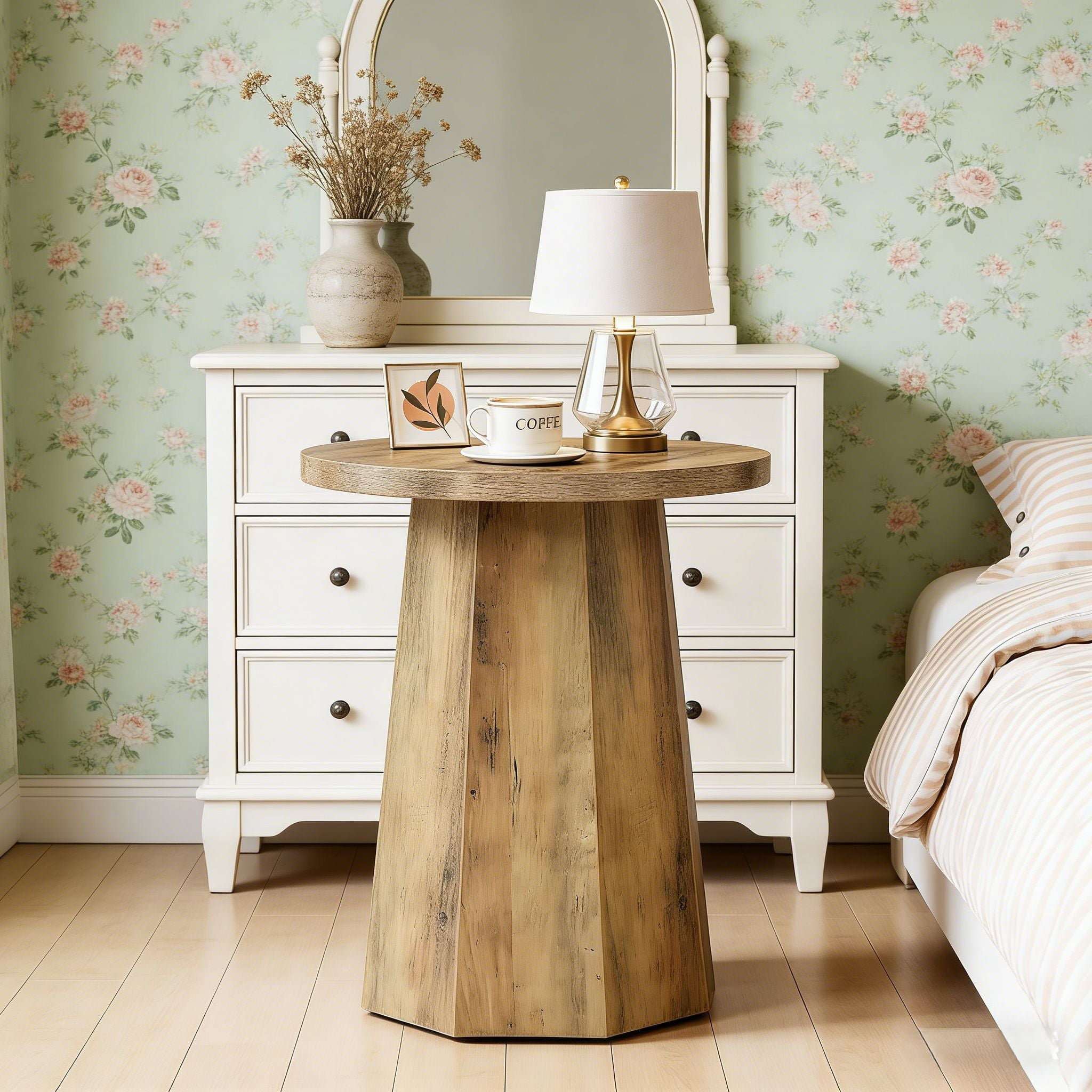 Fnova Farmhouse Round End Table, Wooden Side Table with Octagonal Base, Nightstand Pedestal Accent Furniture for Living Room, Bedroom