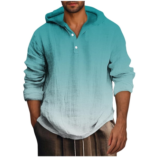 Blusa de manga larga con capucha para hombre, estilo informal, con botones, estampado degradado, de poliéster