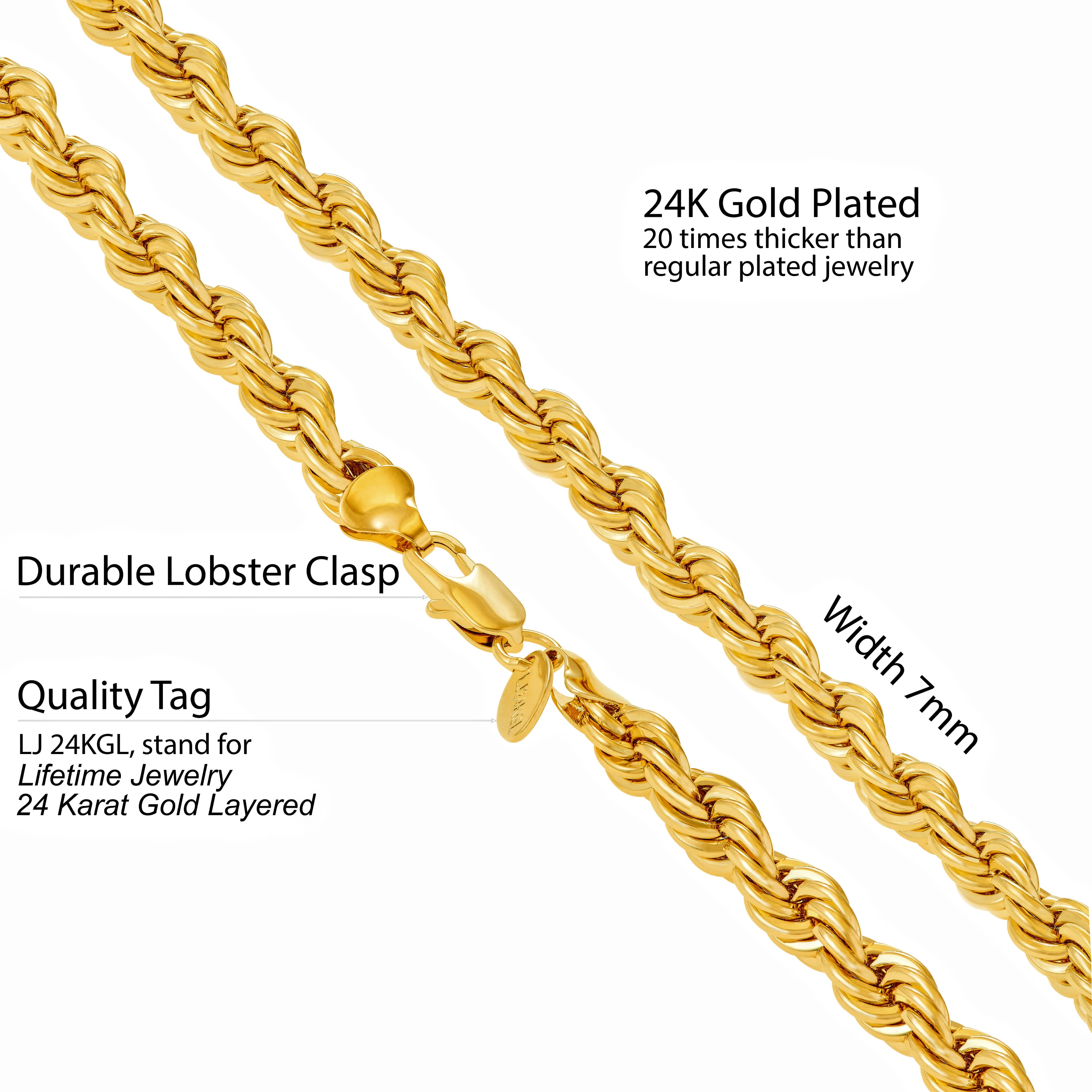 LIFETIME JEWELRY 7mm Rope Chain Necklace 24k Real Gold Plated