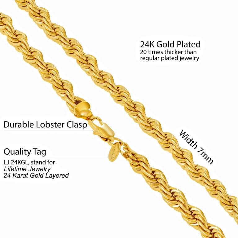 Lifetime Jewelry 7mm Rope Chain Necklace 24K Real Gold Plated-Women and Men (20 mm), adult unisex