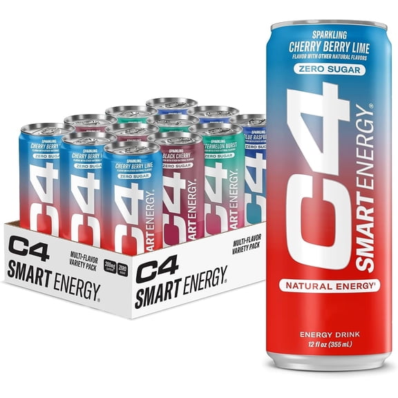 C4 Smart Energy Drink, Berry Breeze Variety Pack Flavor, Zero Sugar, Carbonated, 12 oz can (12 Pack)