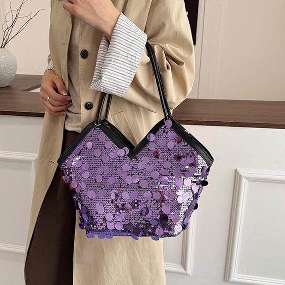 Fashion Sequins Small Tote Bag for Women, Trendy Casual Shoulder Bag, Versatile Crossbody Purse, Lightweight Handbag, Easter Decor, Stylish Texture Bag for Shopping Travel Party, 8.3*5*11.4in, Purple