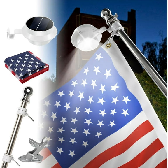 Silver 6ft American Flag Pole Kit with Solar Light for Outside House, Outdoor Tangle Free Metal Flagpole with Holder Bracket, 3x5 Foot Embroidered Flags, 13 LEDs Light Solar Powered, Work 10 Hours