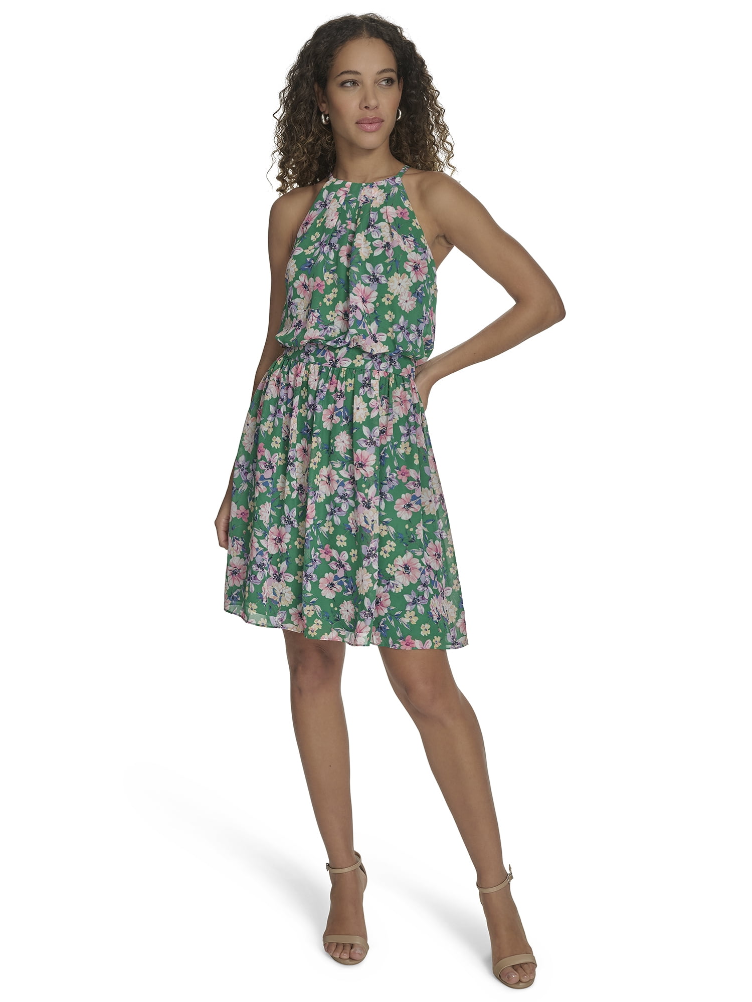 Falling Flowers Women's Chiffon Halter Neck Mini Dress, Sizes XS-XL