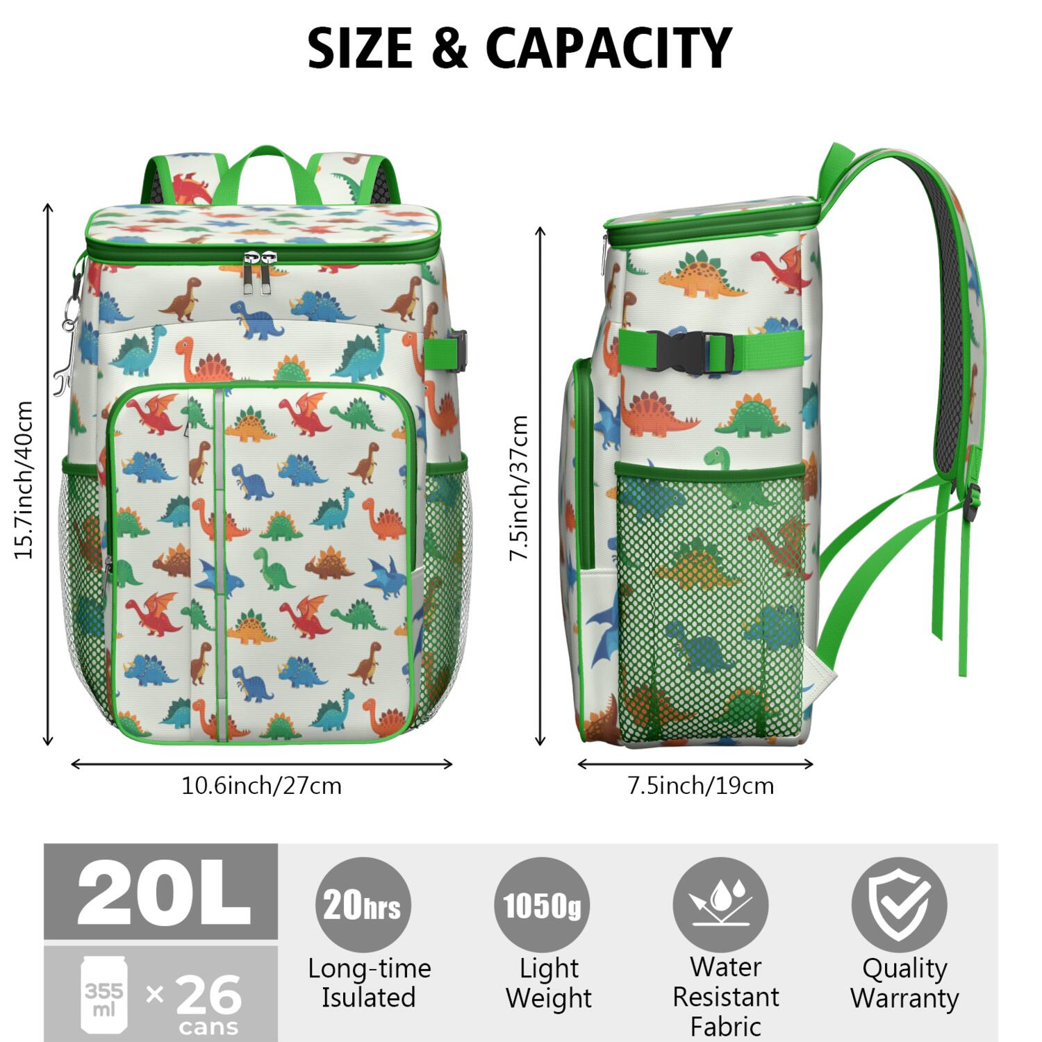 Travel Cooler Bag - White Cartoon Dinosaurs Pattern Camping Beer Cooler Backpack with Bottle Opener- Waterproof Insulated Picnic Backpacks - Cooler Bag for Beach