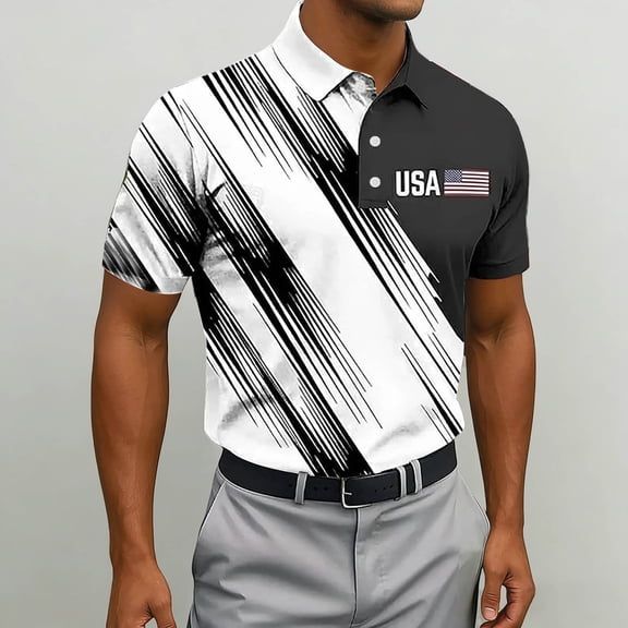 Men Polo Shirts Golf 250 Year American Anniversary Flag Print Short Sleeve Collar Spring Summer Casual Loose Fit Men's Shirts White L