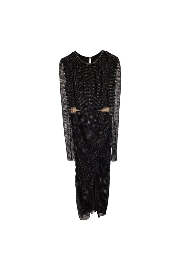 Pre-Owned Self-Portrait Midi Diamante Mesh Long Sleeve Cut-Out Dress in Black Polyester