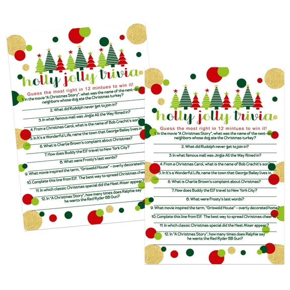 Paper Clever Party Jolly Trees Christmas Trivia Game Cards, 25 Pack, Red/Green/Gold