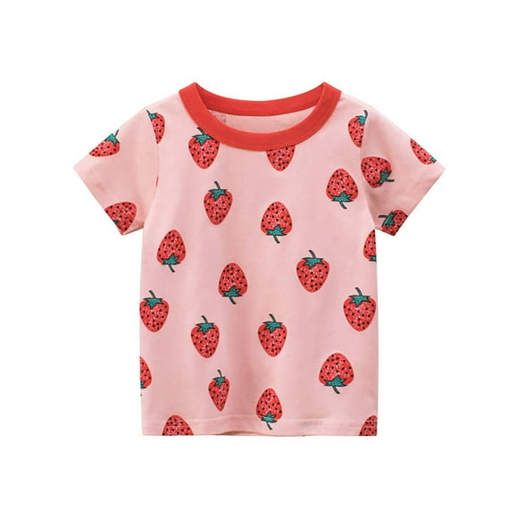 Baby Girl Summer Clothes Toddler Kids Girls Summer Strawberry Print Short Sleeve Casual T Shirt Lightweight Breathable Soft Top Pink 5 Years-6 Years