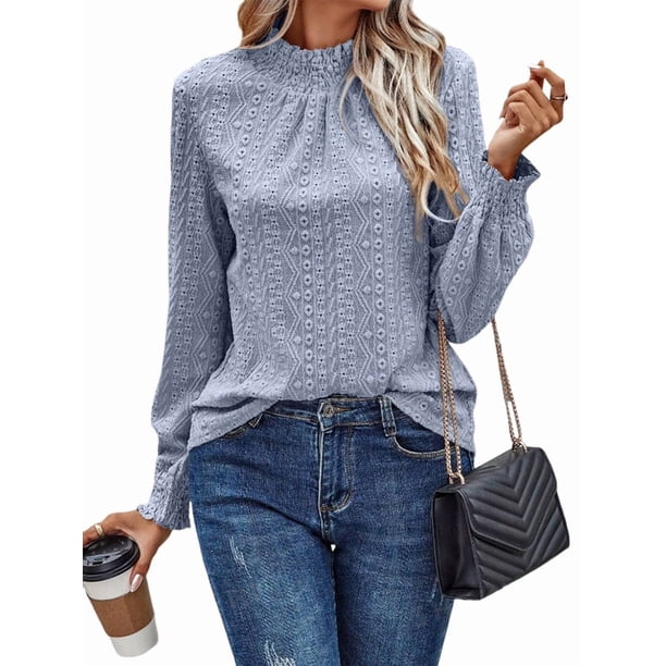 Camiseta de Larga con Cuello Alto y Ojales para Mujer, Elegante, Informal, , de Negocios, Elástica, con Aberturas Azul L