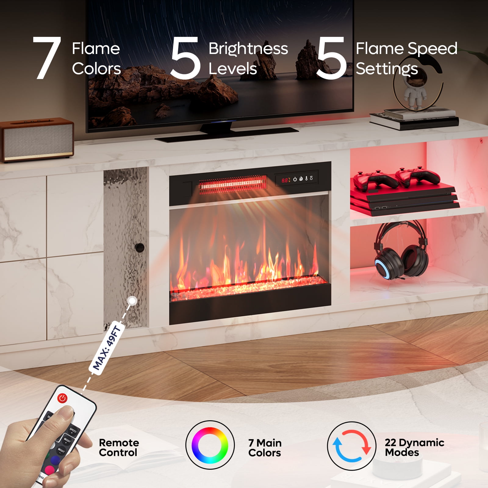Pinmoco Electric Fireplace TV Stand for TVs up to 70", LED Entertainment Center With Cabinet & Shelves, TV Media Console Table for Living Room, Bedroom, White Marble