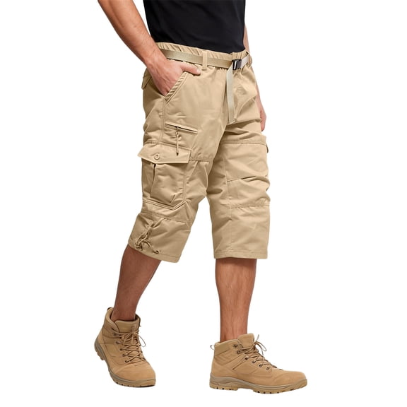 Zimjoy Men's 3/4 Casual Cargo Shorts Cotton Elastic Waist 7 Pockets Below Knee Relaxed Fit Summer Shorts, Khaki L