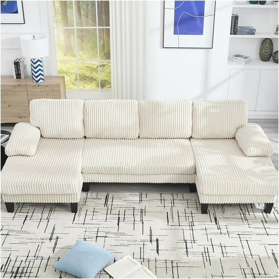 JERFIT Modern 4-Seater U-Shaped Sectional Sofa with Double Chaise, Velvet Fabric, Beige for Living Room & Apartment