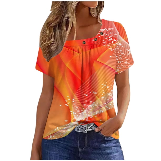 Fiudx Ofertas Flash Artículos En Oferta Camiseta Plisada de Manga Corta con Cuello Estampado para Mujer