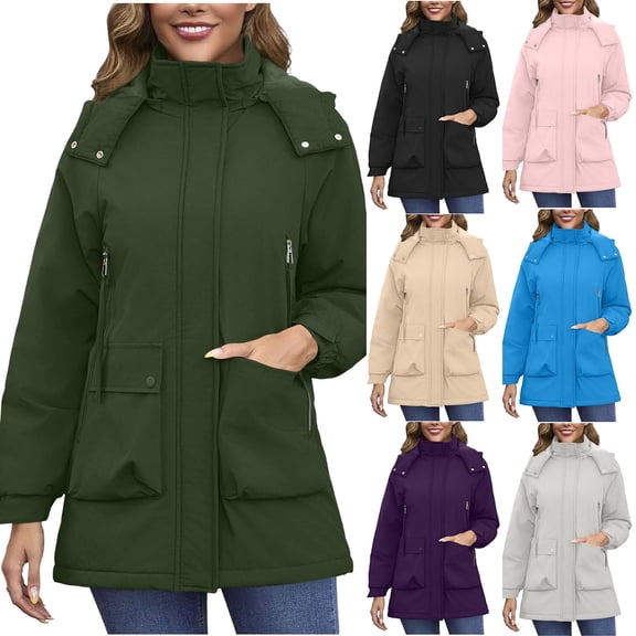 Fmbrln Womens Winter Zip Up Windproof Parka Jacket Long Sleeve Solid Color Rain Coat Mid Length Fleece Lined Outerwear with Detachable Hood and Pocket for Cold Weather