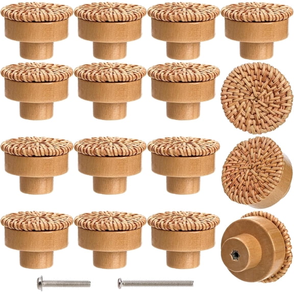 16 Pack Boho Rattan Dresser Knobs, Round Cabinet Knobs Wood Furniture Drawer Knobs with 32 Screws, Handmade Wicker Woven Pulls for Nursery Kitchen Wardrobe Cupboard