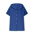 thumbnail image 3 of Fesfesfes Women's Fashion Blouses Hooded Front Placket Foldable Short Sleeve Loose T-shirt with Buttons Summer Linen Breathable Tops(Blue,2XL), 3 of 5