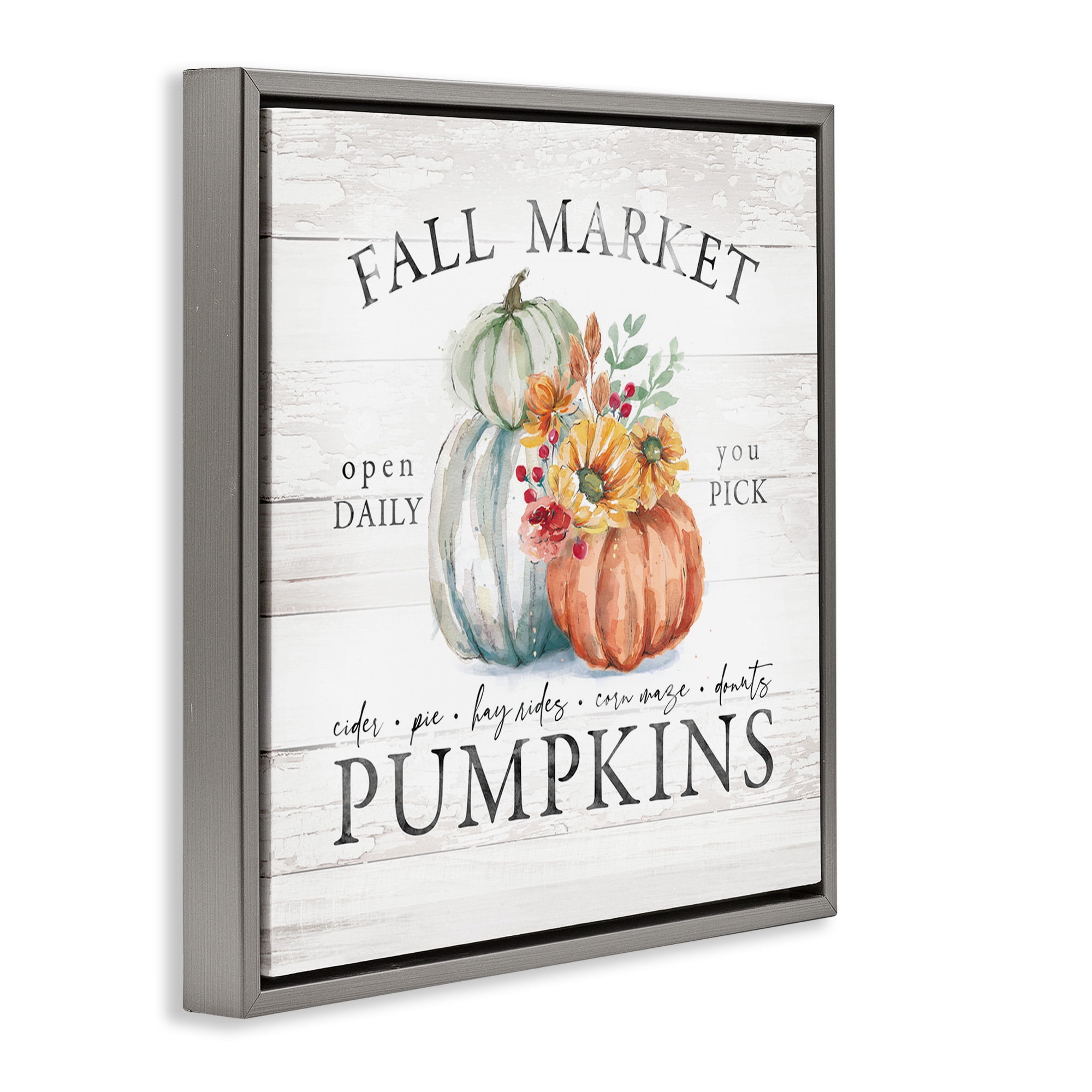 Stupell Industries Fall Country Market Pumpkins Botanical & Floral Painting Gray Floater Framed Canvas Art Print Wall Art, 18 x 18