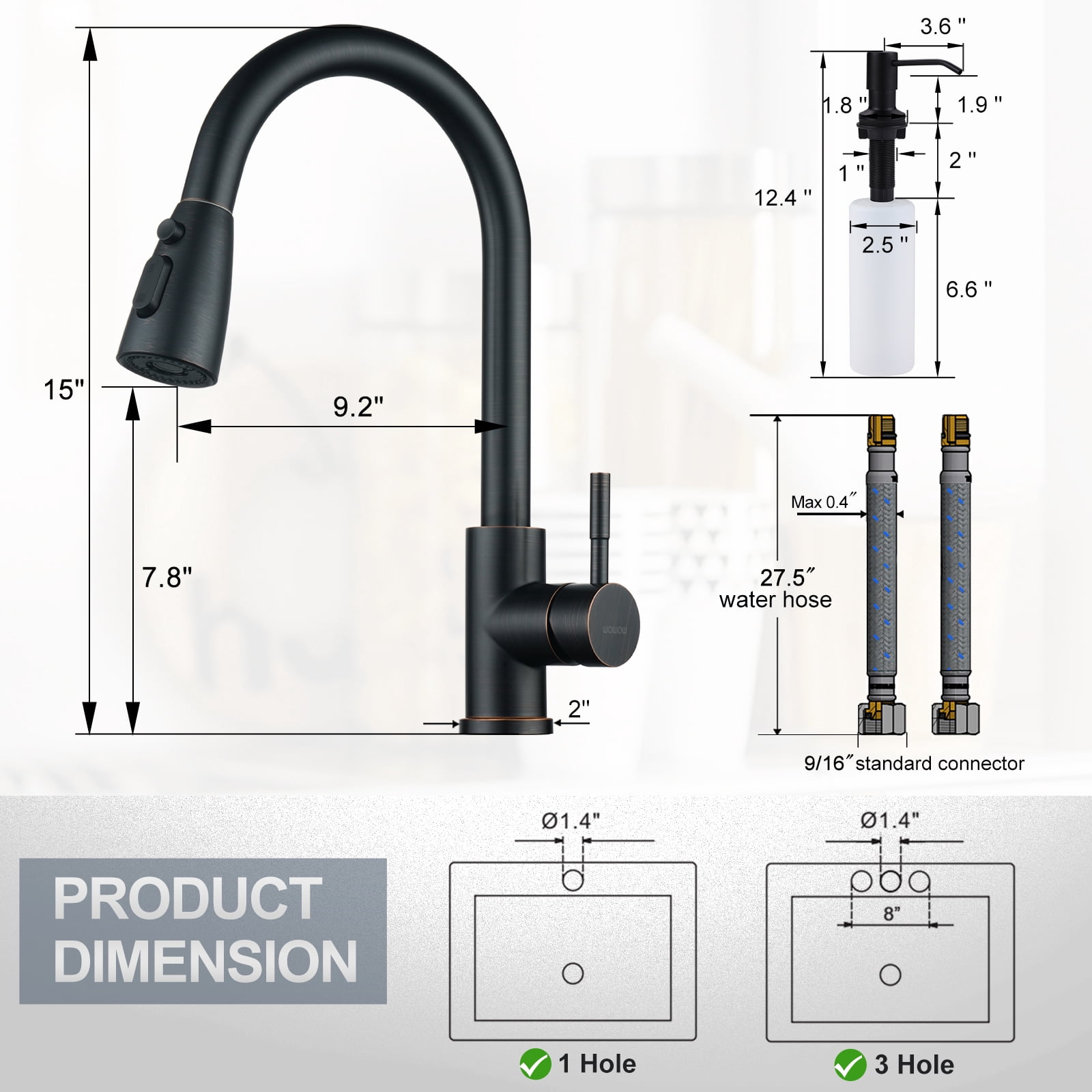 Wowow Single Handle Stainless Steel Pull Down Kitchen Faucet Oil Rubbed Bronze with Soap Dispenser