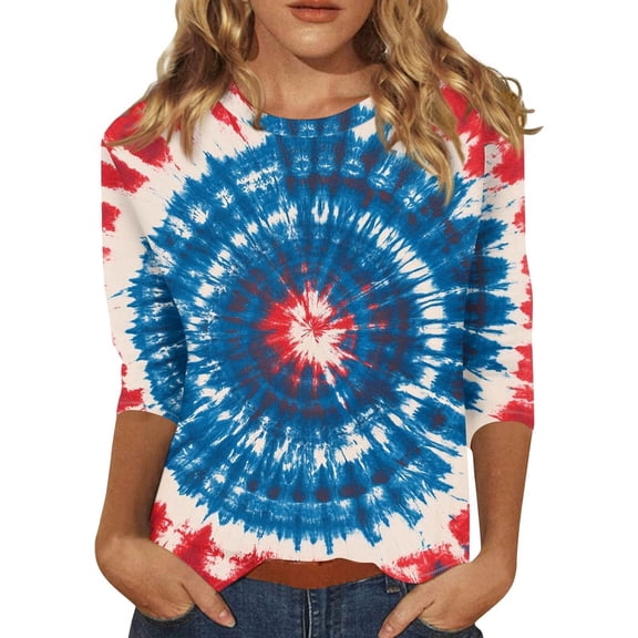 MEICHEN 4th of July Women's Three Quarter Sleeve Shirt USA Patriotic Flag Graphic Print Top Summer 250th Anniversary Tops