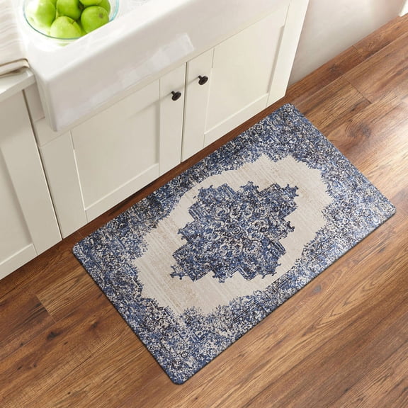 World Rug Gallery Distressed Medallion Cushioned Anti Fatigue Kitchen, Laundry Room, Comfort Indoor Mat, Door Mat - BLUE 18'x30'