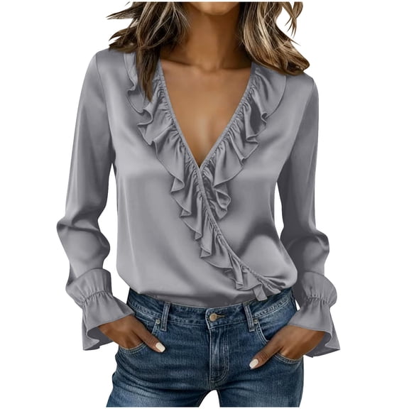 QSAWXQZ Women's Satin Blouse V Neck Ruffle Long Flounce Sleeve Wrap Tunic Top Gray L
