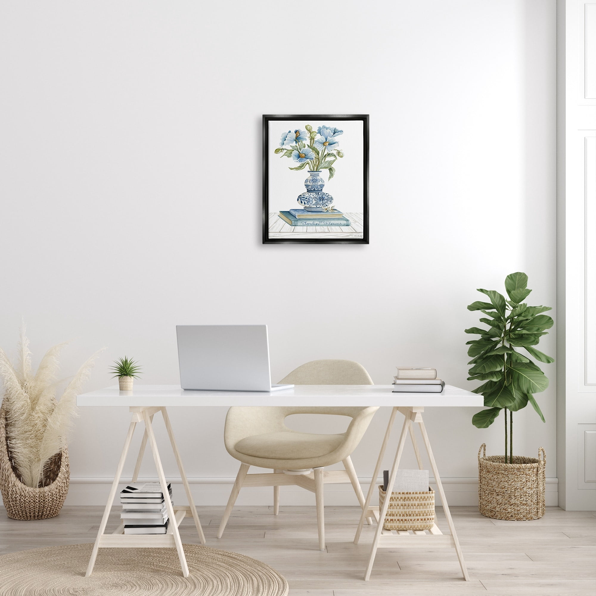 Stupell Industries Blue Flower Arrangement Ornate Pottery Still Life Painting Jet Black Floating Framed Canvas Print Wall Art, Design by Cindy Jacobs