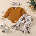 thumbnail image 2 of PENGXIANG Newborn Baby Girls 3pcs Fall Winter Outfits Set Infant Ribbed Romper Tops Flared Pants Headband Suit 0-3 Months, 2 of 8