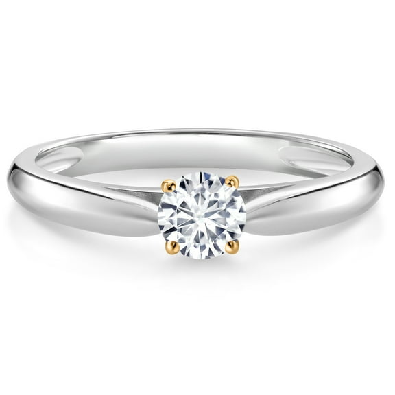 Gem Stone King 925 Silver and 10K Yellow Gold Ring White Lab Grown Diamond Solitaire Engagement Ring for Women (0.27 Cttw, Gemstone April Birthstone, Round 4MM, Size 7)