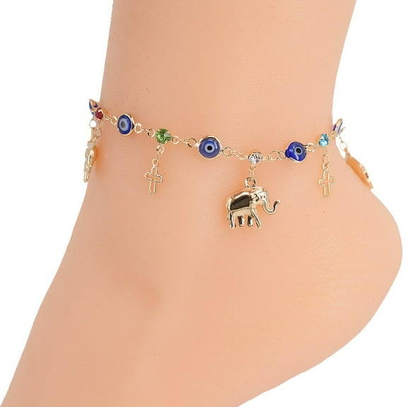 High Quality 18k Layered Real Gold Plated Women Anklet Bracelet elephants evil eyes 10"