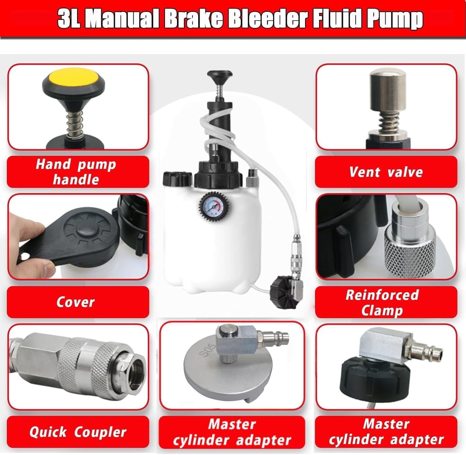 3L Manual Brake Bleeder Kit with Vacuum Pump – Compatible with Honda & European Cars (Includes 1 Aluminum Adapter for Honda + 2 Universal 45mm Caps + 150cm Hose + 1L Oil Bottle)
