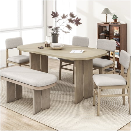 6-Piece Modern Farmhouse Dining Set with Upholstered Bench - Solid Rubber Wood Rectangular Table 4 Chairs Bench for Kitchen & Dining Room Natural Finish