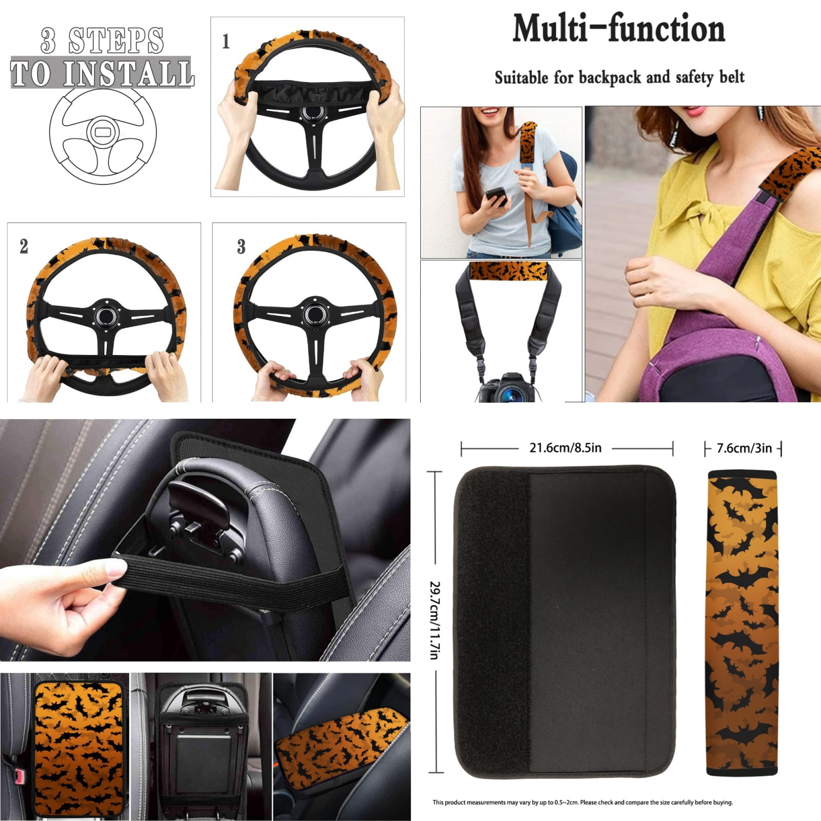 Jeiento Bats Car Seat Cover Set Non Slip Car Floor Mats Steering Wheel Cover Seatbelt Cover Keychains Armrest Cover Keychain Lipstick Holder Yellow 17 Pieces Auto Interior Accessories for Women Men