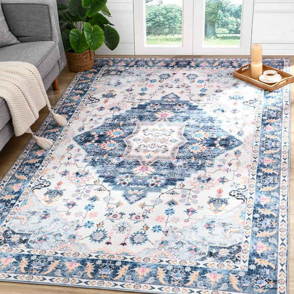 Softlife Ultra-Thin Chenille Vintage Area Rug Non Slip Washable Oriental Tribal Antique Carpet Home Decor Boho Style,5'x8',Blue
