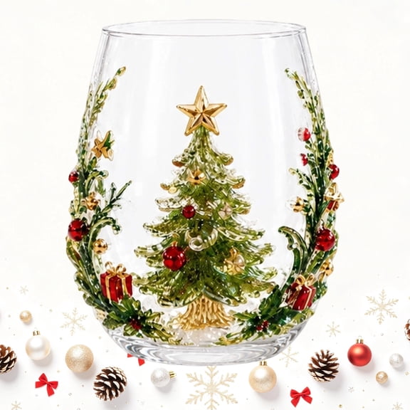 3D Christmas Tree Glass Art Cup 3D Xmas Drinking Glass Cup Collection Christmas Glassware Art Stemless Wine Glasses Handcrafted Festive Holiday Glassware for Xmas Party Home Decor Gifts