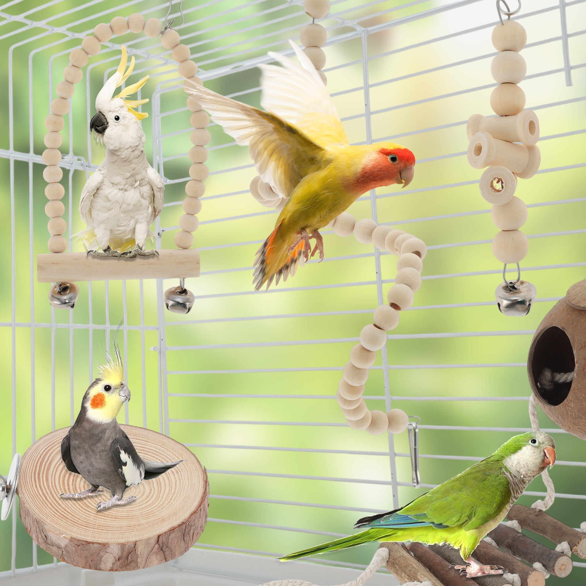 Unique Bargains 9pcs Cockatiel Toys Interactive Bird Toy Parrot Toys Parrots Chewing Wood and Rope Bird Cage Accessories for Parakeets Cockatiel Wood Color