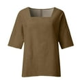 thumbnail image 5 of ManxiVoo Women's Square Neck 3/4 Sleeve Top Breathable Cotton Blend Solid Color Casual Shirt Relaxed Fit Modern Tops L Size Brown, 5 of 6