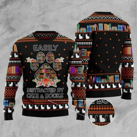 Cat And Books Christmas Ugly Christmas Sweater, Christmas Cat Ugly Sweater, Ugly Cat Xmas Sweater