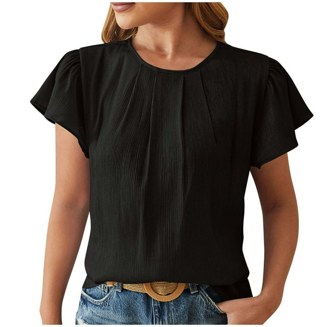 Timegard Womens Tops Ruffle Cap Sleeve Crewneck Back Button Tee Ruched Lightweight Summer Beach Tops