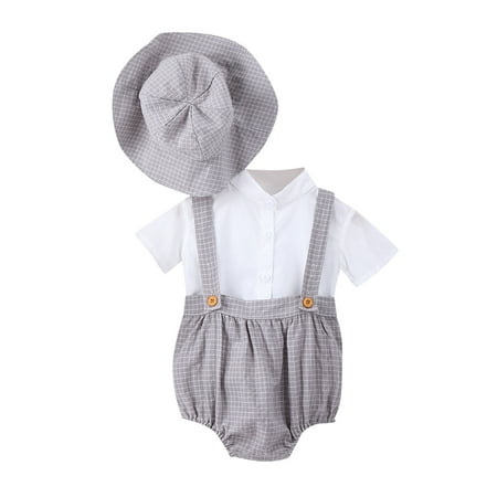 

Infant Newborn Baby Boys Cute Cartoon Short Sleeve Solid Gentleman Shirt Tops Blouse Plaid Overalls Suspender Pants Romper With Hat Outfit Set 3PCS Clothes
