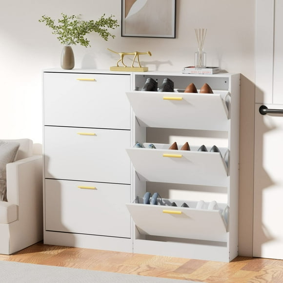 JOZZBY Shoe Cabinet Storage with 3 Flip Drawers for Entryway White Slime Freestanding Modern Narrow Shoe Organizer Rack Cabinet for Hallway Living Room Set of 2