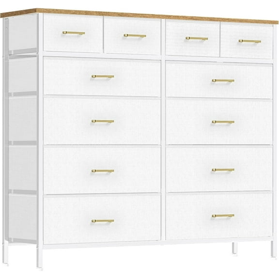 White Dresser for Bedroom with 12 Deep Drawers, Wide Chest of Drawers, 55" TV Stand with Retro Wood Top, Tall Fabric Dresser for Closet, Nursery