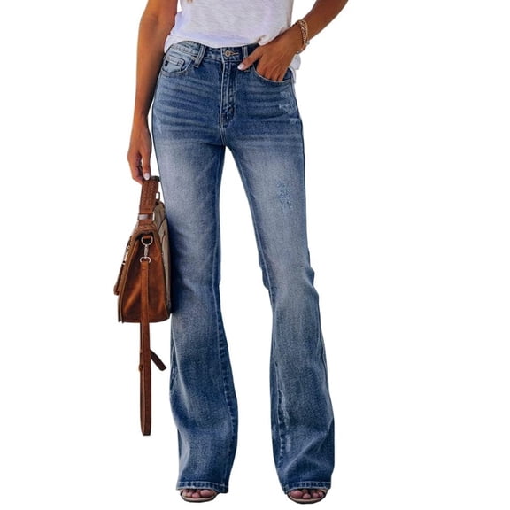 Women High Waist Flared Leg Casual Jeans Long Denim Pants