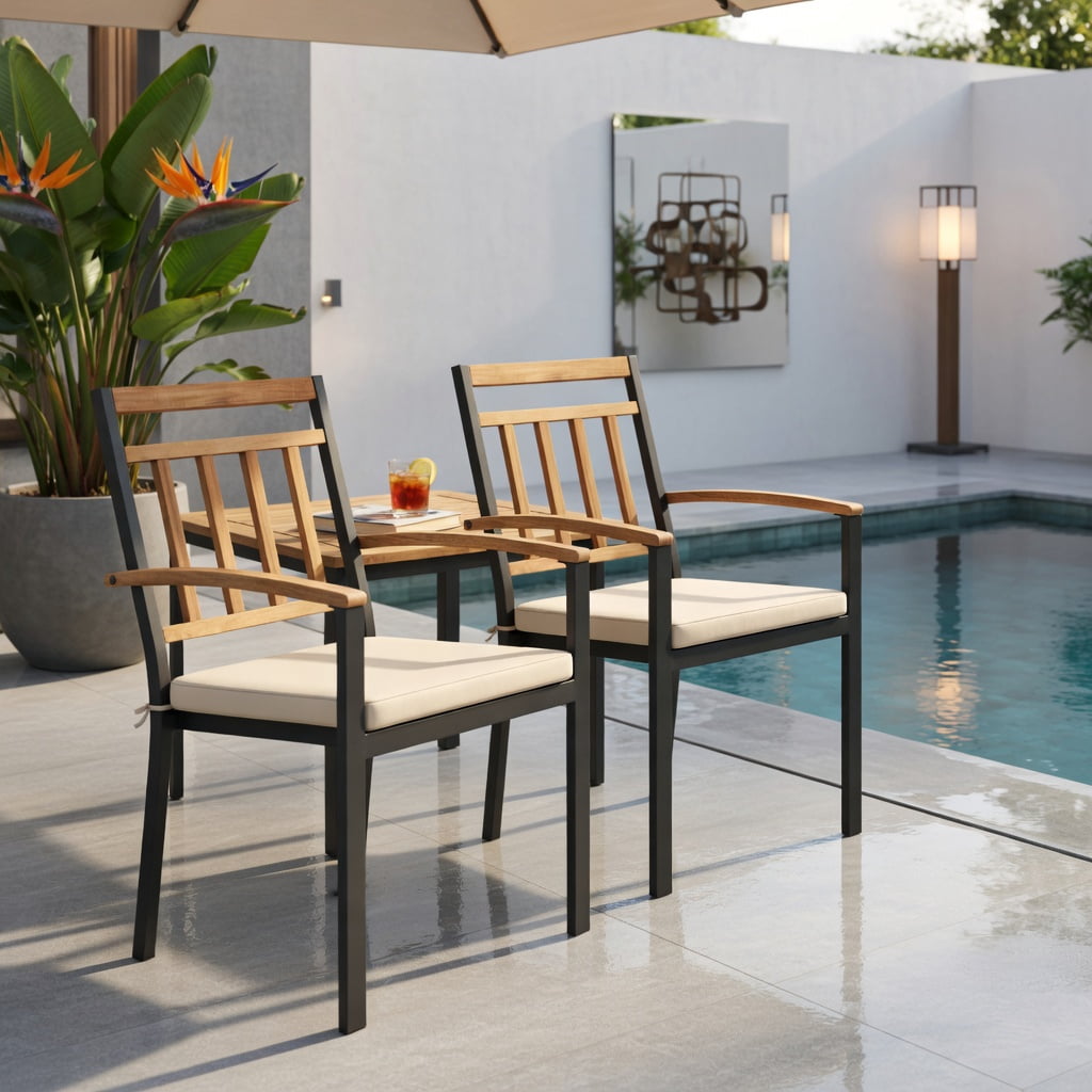 Hommoo 2-Pack Modern Patio Dining Chairs with Removable Cushions, Acacia Wood Outdoor Chairs, Ergonomic Design, Easy-Clean Fabric Seats, Black & Natural