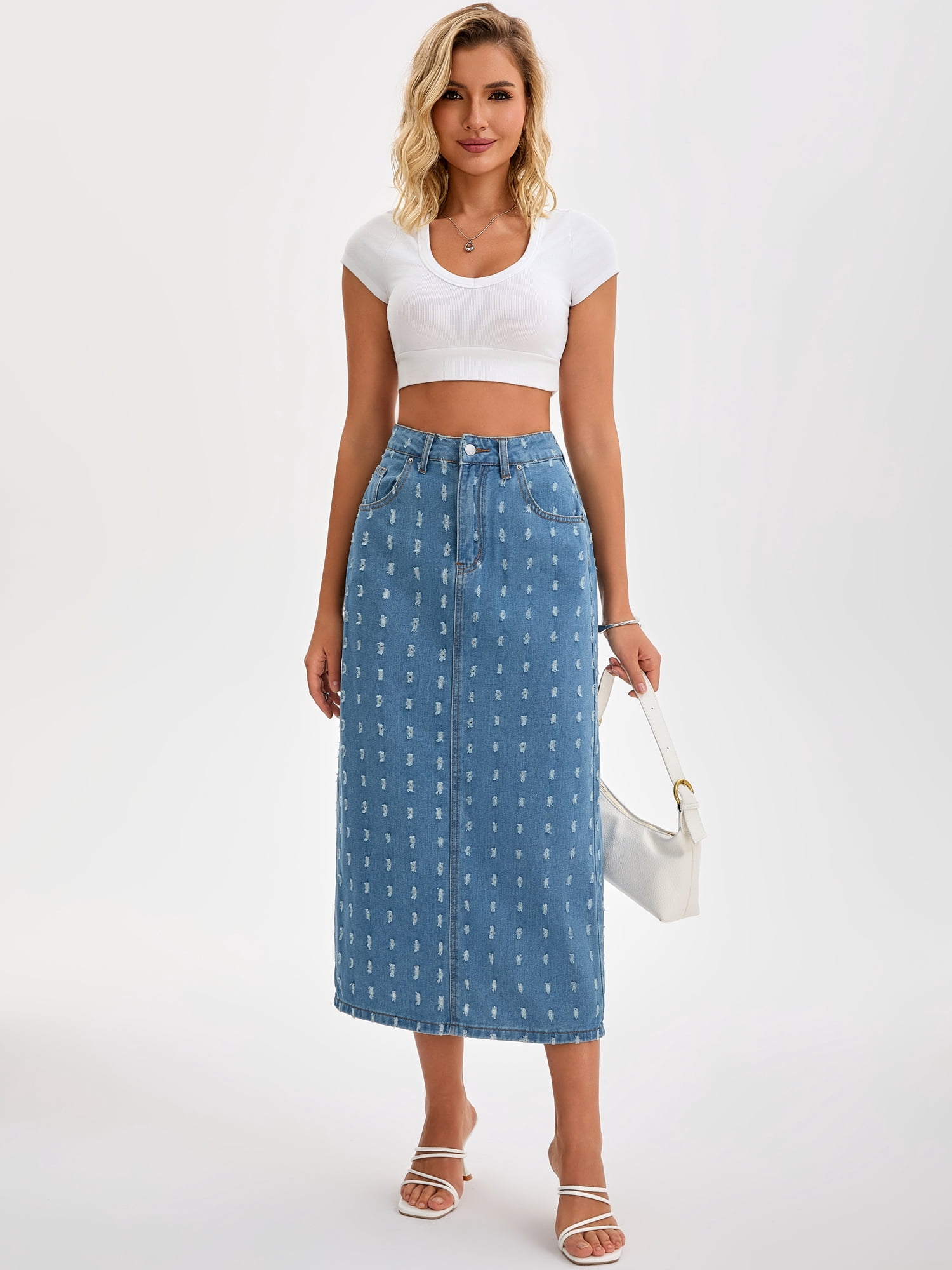 DARING DIVA Women's Denim Ripped Holes Back Slit Midi Jean Skirts Large Light Blue