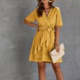 thumbnail image 2 of Fridja Robe Femme Col en V Couleur Unie en Chiffon Taille Élastique à Volants Manches Courtes, 2 of 9