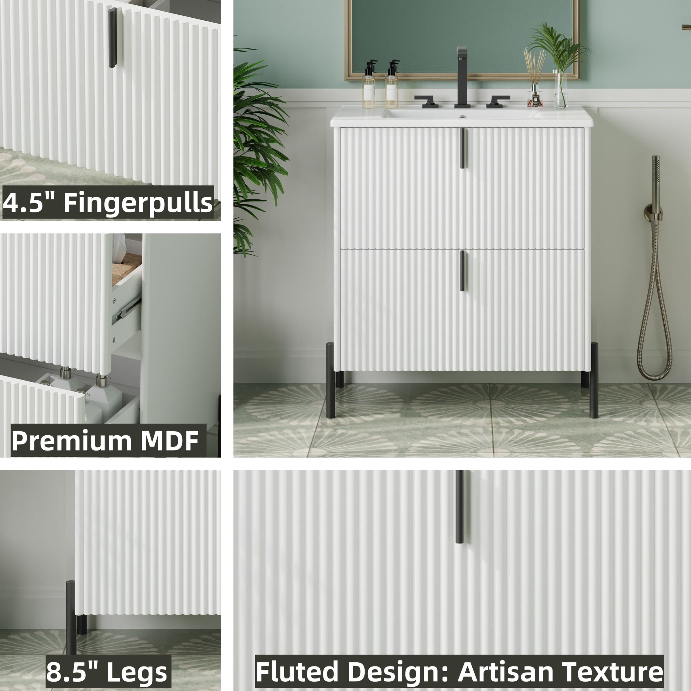 Christopher Knight Home 30" Bathroom Vanity with Sink, Soft-Close Drawers, Fluted Design, White