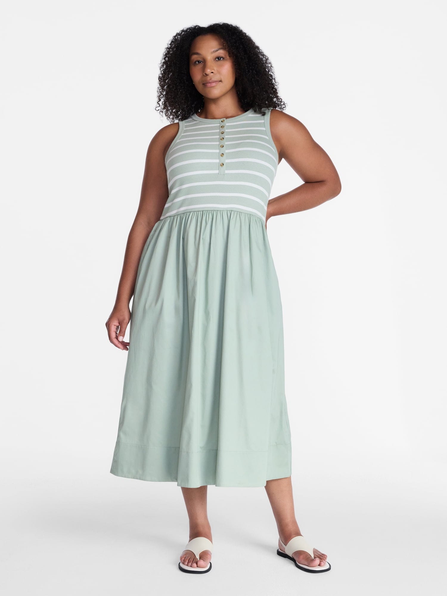 Time and Tru Women's Sleeveless Henley Midi Dress, Sizes XS-XXXL