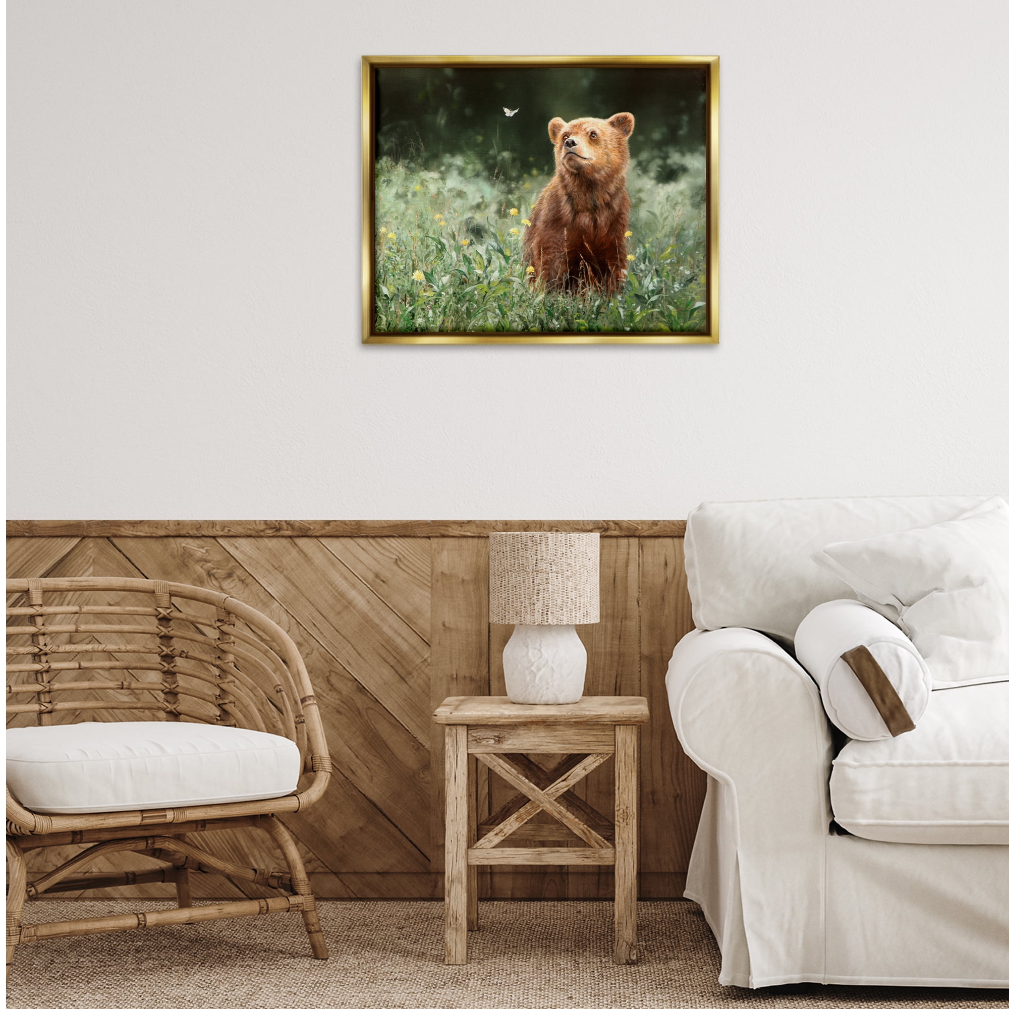 Stupell Industries Baby Bear & Butterfly Animals Painting Gold Floater Framed Canvas Art Print Wall Art, 31 x 25